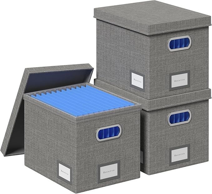File Organizer Box - File Boxes for Hanging Files with Lid Set of 3 Decorative Hanging Folders Organizer with One-Piece Plastic Frame Slides (Grey, 13.2 * 10.1 * 10.1in(3Pack)) by FileOrganizerBoxeswithLid