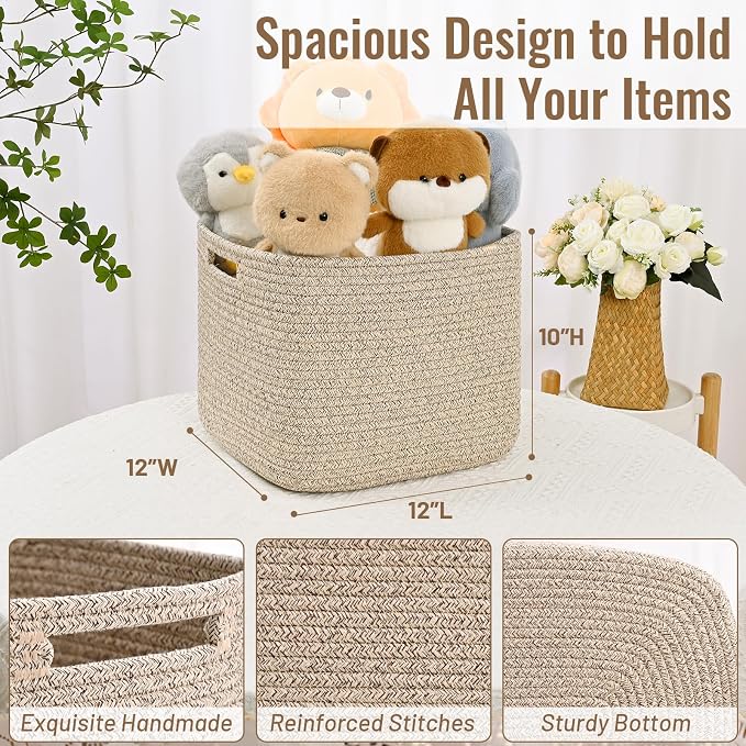3 Pack Cube Storage Bin, 12”x12”x10” Cotton Rope Woven Baskets for Organizing Toys Clothes Towels, Square Gift Storage Baskets for Shelves, Nursery, Closet, Bathroom, Pantry (Jute) - Image 4