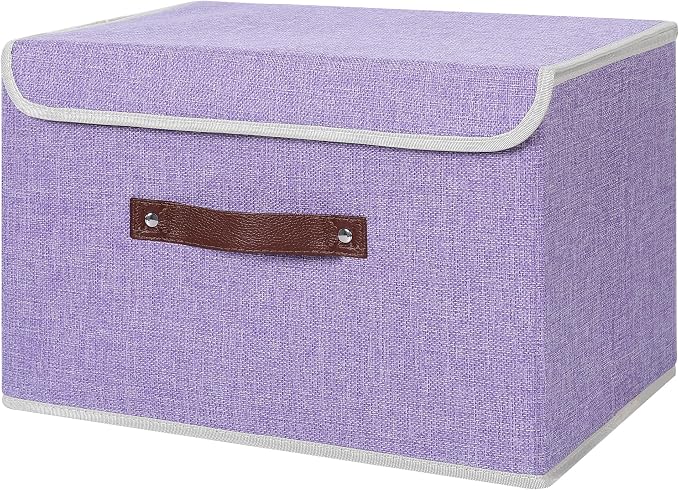ANMINY Fabric Storage Box Bins with Lids, Purple, 15"x10"x10" | Keepsake Memory Storage, Cotton Linen, PP Board Reinforced, Washable, PU Handles, Foldable & Stackable, Decorative, Large by ANMINY