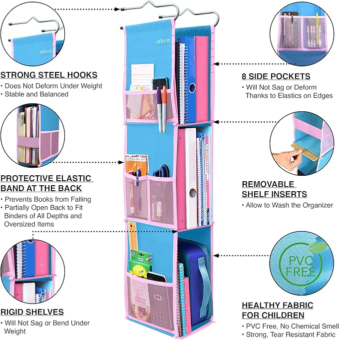 ABRA® 3 Shelf Hanging Locker Organizer for School, Work, Gym, Storage | Deep Shelves 6.5”x 9”| Eco-Friendly Fabric Healthy for Children | Adjustable School Locker Shelf from 3 to 2 Shelves (Blue/Pink) - Image 4