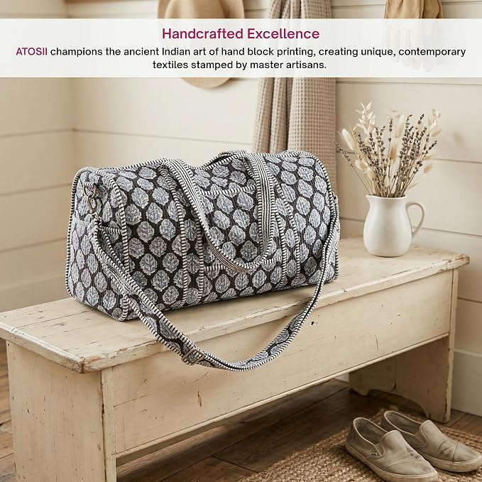 ATOSII Handblock Print 100% Cotton Large Quilted Duffle Bag for Overnight Trip, Travel Weekend Bag, Luggage, 2 Pockets with Zipper, 1 Front Pocket, Detachable Long Strap, 20 X 10 X 12 Inches, Gracie - Image 6