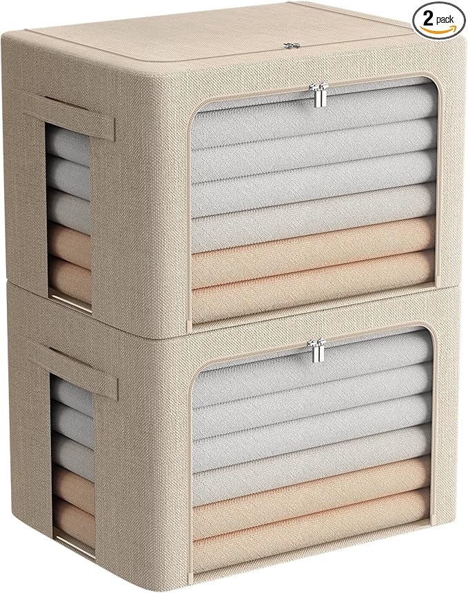 FHSQX Extra Large Clothes Storage Bins Foldable Metal Frame Storage Box Stackable Linen Fabric Box Organizer Set with Carrying Handles and Clear Window (Beige, 23.6x 16.5x 15.7 Inch) by FHSQX