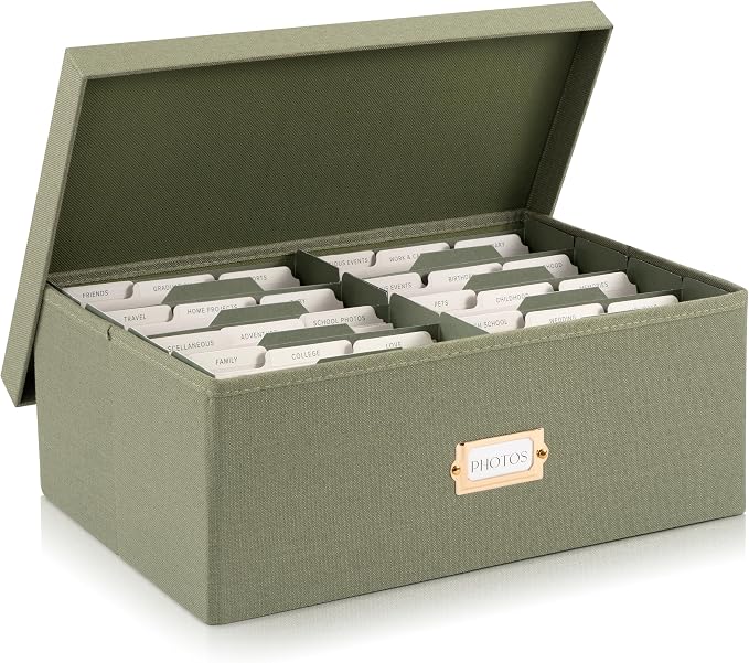 Decorative Photo Storage Box - Sturdy Linen Organizer Holds 1700 Photos | Organizer with Dividers Stores Up to 1700 5x7 Pictures - Portable Scrapbook Storage Containers with Lid by ZICOTO