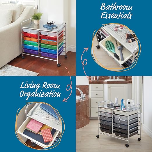 ECR4Kids 12-Drawer Value Mobile Storage Utility Cart, Assorted | Durable plastic bins, steel frame, GREENGUARD Gold Certified, 50 lb capacity, rolling casters, craft supplies, office, home - Image 5