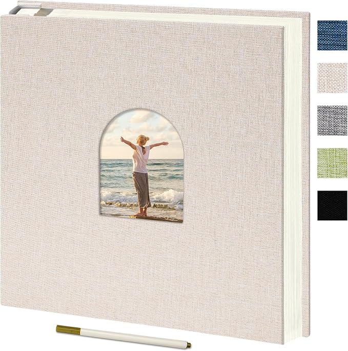 Vienrose Self Adhesive Photo Album Arch Window Scrapbook 40 Pages Beige | Linen Cover, 9.84x9.06 Inch, Memory Book, Blank Inner Page, Metallic Pen by Vienrose