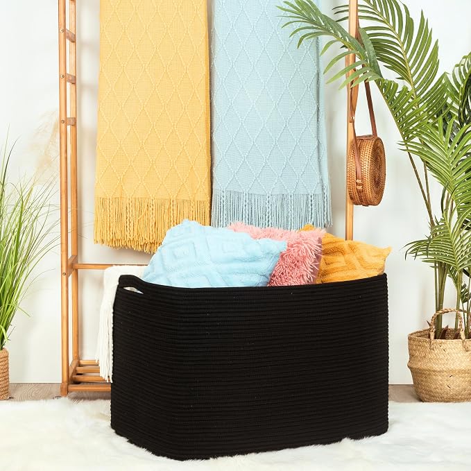 112L Extra Large Blanket Basket Holder Living Room, 25"x17"x16" Rectangle Rope Woven Storage Basket with Handles for Laundry, Pool Towels, Shoes, Dog Toy Organizer Bin Box, Black - Image 2