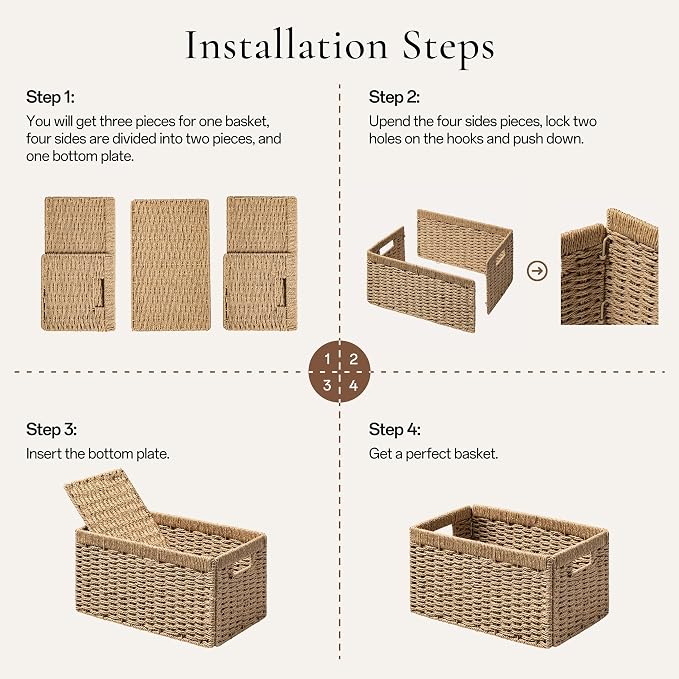 joybest Wicker Baskets for Shelves, Hand-woven Storage Baskets Natural | 13.4L x 8.3W x 7.1H inch for Pantry, Kichen Organizing, Foldable Rectangular Bin with Handles, 2-pack - Image 2