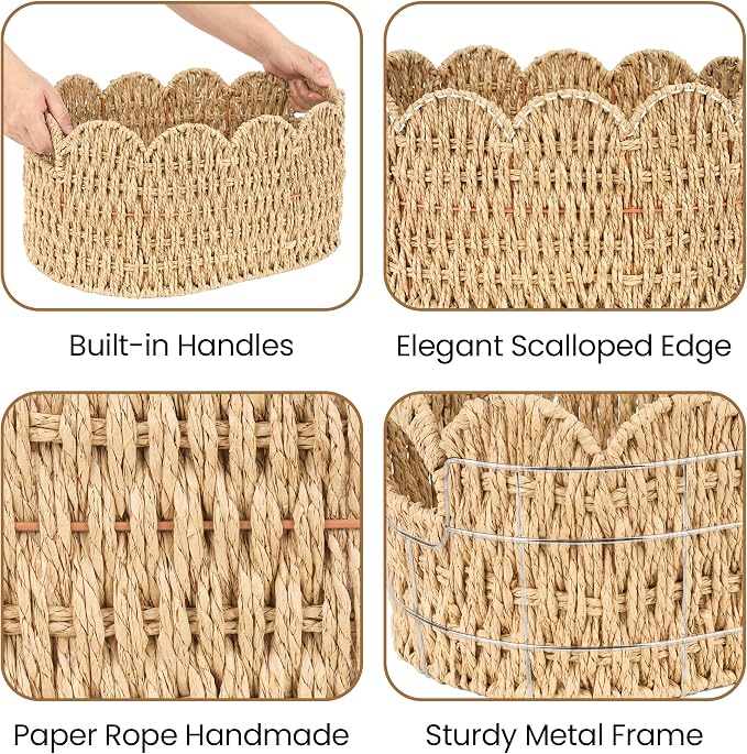 iEGrow Paper Rope Scalloped Basket, Set of 2 Woven Storage Wicker Baskets with Handle for Organizing and Shelves, Cute Boho Oval Baby Baskets for Decor, Towel, Toys, Nursery, Book, Gift Natural - Image 4
