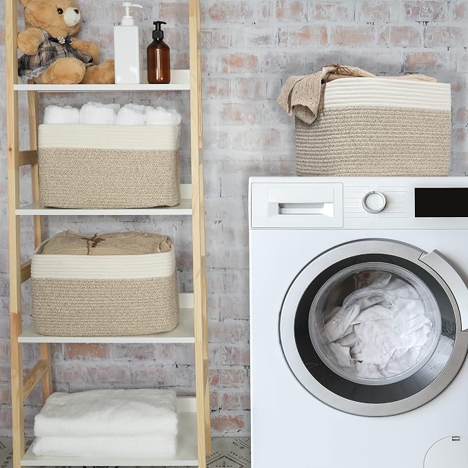 XUANGUO Woven Cotton Rope Storage Baskets 15x10x9.3" 3 Pack White and Brown | Decorative rectangular storage baskets for shelves and closets; storage bins organize clothes, toys, books and nursery items. - Image 6