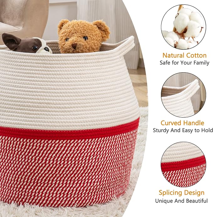 KAKAMAY Woven Baskets for Storage(17"x17"),Large Cotton Rope Woven Baby Laundry Hamper,Collapsible Laundry Basket, Blanket Basket for Organizing Living Room,Nursery,Pillows,Toy Chest(Red) - Image 2