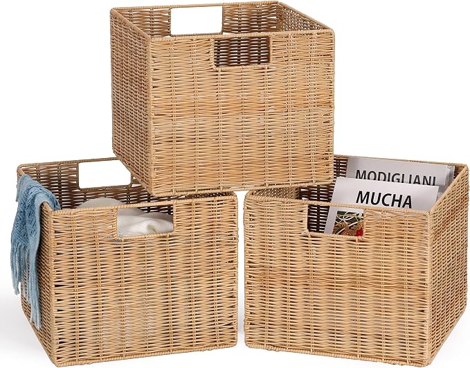 12X12X10in Plastic Wicker Storage Basket, Collapsible Wicker Cube Storage for Shelves, Woven Plastic Storage Basket for Pantry, Bedroom, Living Room, Bathroom, Shelves-3 Pack - Image 6