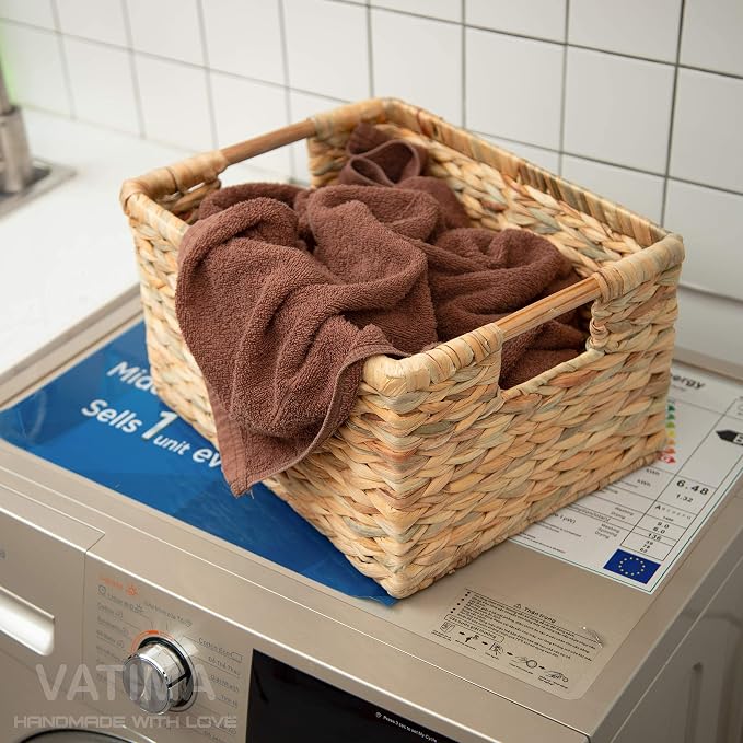 Large Wicker Basket Rectangular with Wooden Handles for Shelves, Water Hyacinth Basket Storage, Natural Baskets for Organizing, Wicker Baskets for Storage 14.5 x 10.3 x 7.5 inches - 3 Pack - Image 8