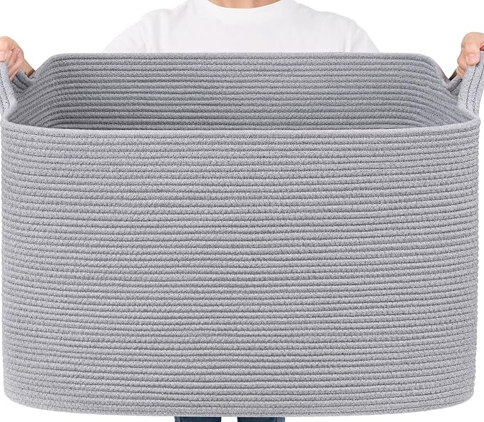 Goodpick 105L Extra Large Woven Rope Blanket Basket, Rectangle, Gray | 25'' x 16'' x 16'' Storage Basket for Blankets, Pillows & Clothes, Living Room & Bedroom Organization, Reinforced Handles by Goodpick
