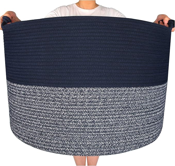 Extra Large 22 x 16in Decorative Woven Cotton Rope Blanket Storage Basket Bin Living Room with Handles and Laundry Hamper for Pillows, Pool Towels, Dog Toys, Shoes, Navy Blue by MINTWOODDesign
