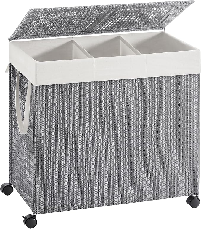 SONGMICS HOME Laundry Hamper with 3 Section, 140 L, Rattan, with Wheels | Rolling Clothes Basket with Lid, Removable Liner with Handles, Gray and Black, PEZZO Collection ULCB602G01 by SONGMICSHOME