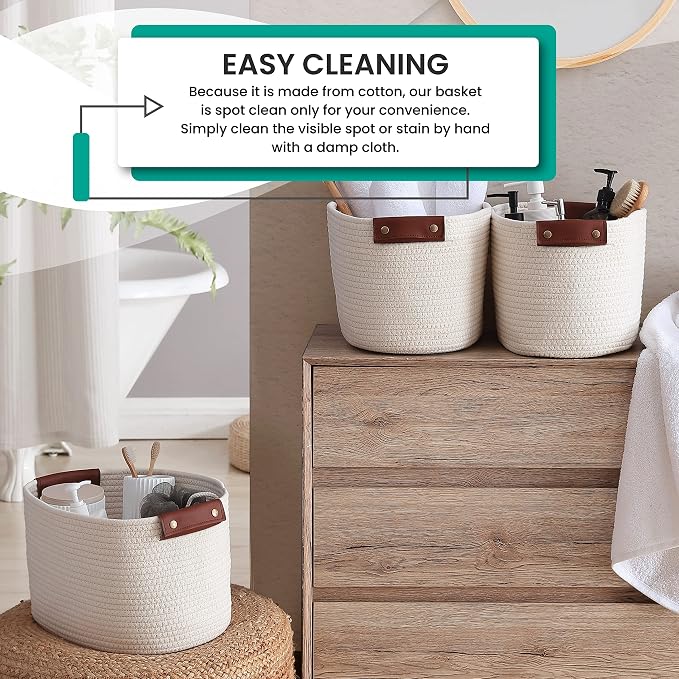 3 Pack Woven Cotton Rope Storage Basket, 15x10x9, Cream | Faux Leather Handles; Decorative Closet Shelf Organizer; Ideal for Storage & Organization - Image 6