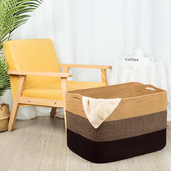 112L Extra Large Blanket Basket Holder Living Room, 25"x17"x16" Rectangle Rope Woven Storage Basket with Handles for Laundry, Pool Towels, Shoes, Dog Toy Organizer Bin Box, Black Jute - Image 3