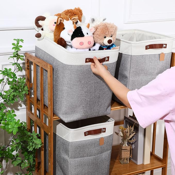 Uiifan 10 Pcs Collapsible Storage Bins Fabric Foldable Storage Basket with Handles Cloth Organizer Linen Shelf Baskets for Shelves Home Closet Nursery Toys(17 x 15 x 12 Inch,Gray and White) - Image 3