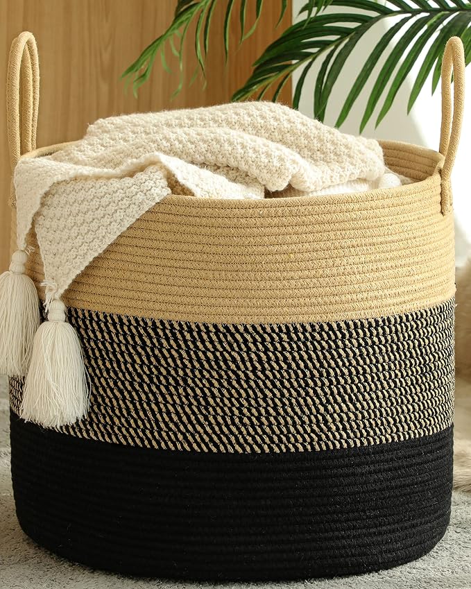 KAKAMAY Large Blanket Basket (18"x18"x16"),Woven Baby Laundry Hamper for Storage, Cotton Rope Blankets Baskets for Nursery, Laundry, Living Room, Pillows, Baby Toy Chest with Handles (Black) by KAKAMAY