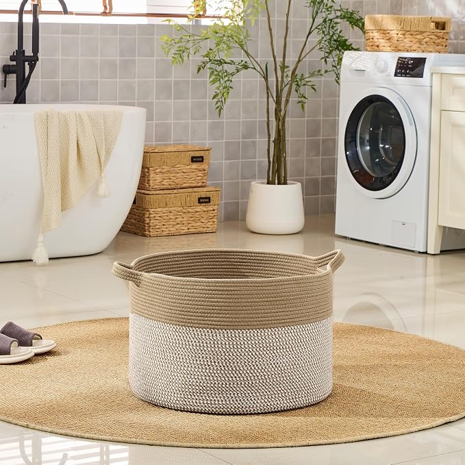 KAKAMAY Large Blanket Basket with Handles, Storage Basket for Living Room | Extra Large Capacity | Natural Cotton Rope | Blanket Storage | Woven Storage Basket | Stuffed Animal Storage | Laundry Basket - Image 6
