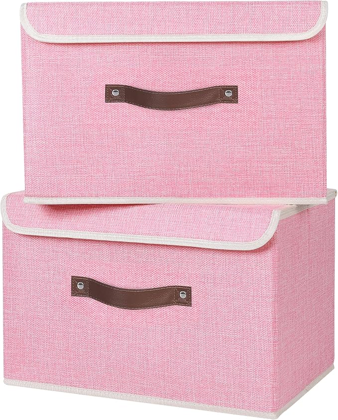 ANMINY Fabric Storage Box Bins with Lids, Pink, 13"x9"x7.9", 4 Pack | Keepsake Memory Storage, Cotton Linen, PP Board Reinforced, Washable, PU Handles, Foldable & Stackable, Decorative, Medium - Image 7