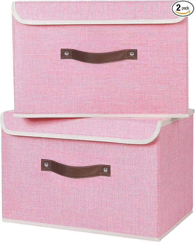 ANMINY Fabric Storage Box Bins with Lids, Pink, 15"x10"x10", 2 Pack | Keepsake Memory Storage, Cotton Linen, PP Board Reinforced, Washable, PU Handles, Foldable & Stackable, Decorative, Large by ANMINY