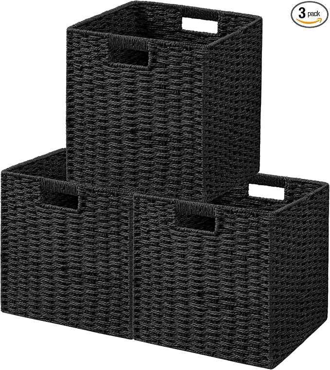 UBBCARE 3 Pack Wicker Basket, 11L×11H×10.5W inch Woven Paper Rope Storage Baskets for Shelves, Foldable Cube Storage bin with Handle, Storage Basket for Organizing & Decor, Black by UBBCARE