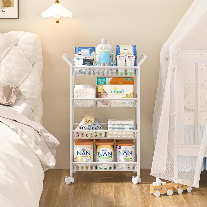 Baby Diaper Caddy Cart, 4-Tier Diaper Caddy Organizer and Storage, Rolling Utility Cart for Baby Supplies, Diaper Cart with Wheels for Bedroom, Nursery, Changing Table, White - Image 5