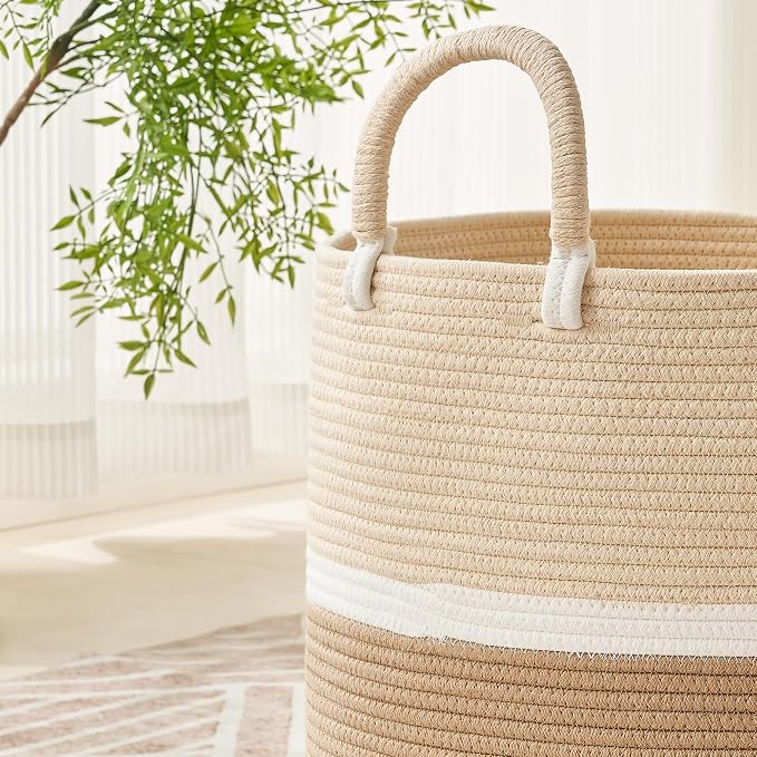 KAKAMAY Large Blanket Basket (18"x18"x16"),Woven Baby Laundry Hamper for Storage, Cotton Rope Blankets Baskets for Nursery, Laundry, Living Room, Pillows, Baby Toy chest with Handles (Light Brown) - Image 3