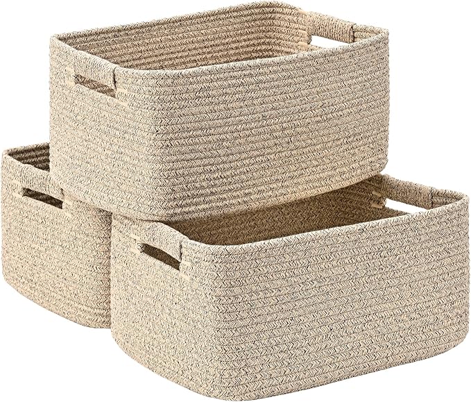 3 Pack Large Storage Basket for Organizing, 17.5"x13"x7" Woven Basket for Shelves, Closet Cube Storage Bins with Wrapped Handle, Cotton Rope Baskets for Kitchen, Clothes, Toys(Natural)) by Degeyoyo