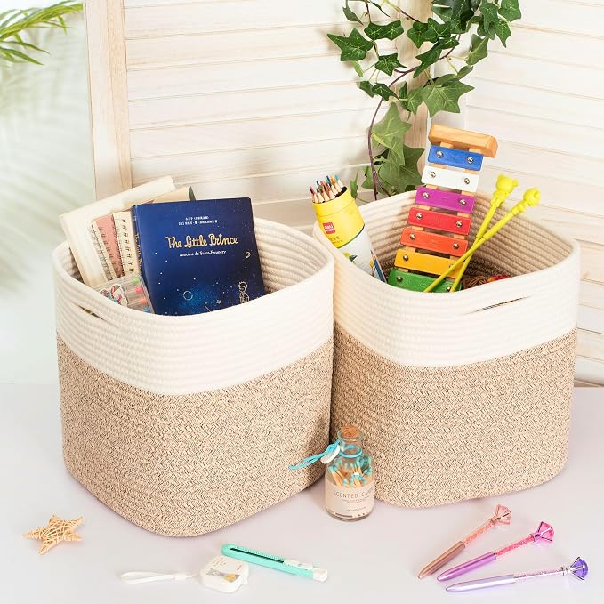 3-Pack 11x11in Woven Cube Storage Bin and Shelf Baskets, Cute Decorative Square Organizer for Closet, Classroom, Bathroom, Dog and Cat Toys, and Books, Light Brown - Image 4