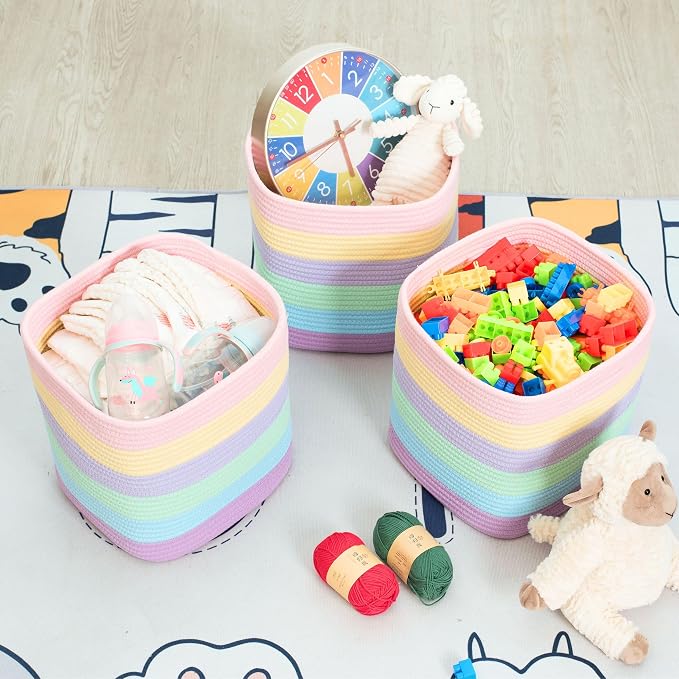 3-Pack 11x11in Woven Cube Storage Bin and Shelf Baskets, Cute Decorative Square Organizer for Closet, Classroom, Bathroom, Dog and Cat Toys, and Books, Pastel Rainbow - Image 5