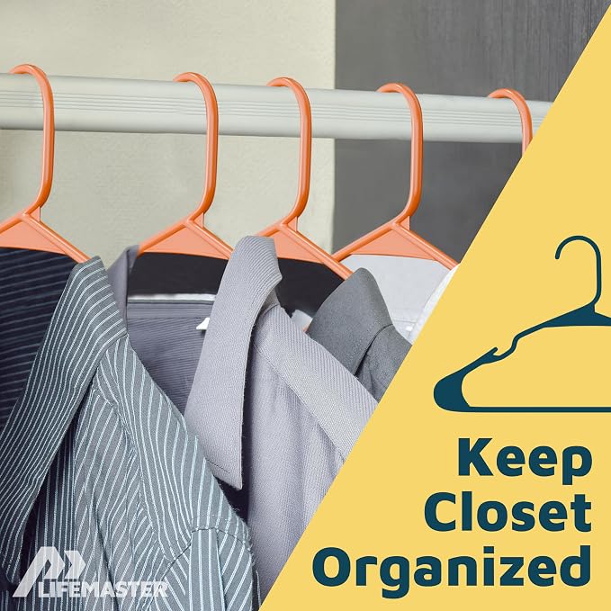 Lifemaster Plastic Clothes Hangers – Heavy Duty Hanger Set, for Organizing Clothes, Dresses, and Coat, Holds Up to 5 lbs, Space-Saving Hangers with Non-Slip Shoulder Grooves, Pack of 10, Orange - Image 5