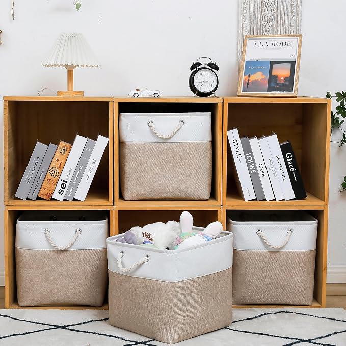 MidmmVick 13 x 13 Inch Cube Storage Bins, 4 Pack Large Collapsible Fabric Storage Bin with Ropes, Foldable Storage Cubes for Home, Office,Closet, Clothes, Toys Organizer (White & Beige) - Image 2