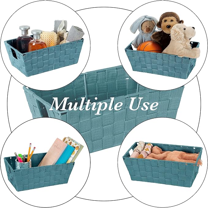 Simplify Small Shelf Woven Strap Tote | Decorative Storage Basket | Built in Handles | Organization | Closet | Bedroom | Bathroom | Nursery | Accessories | Toys | Gifts | 4 Pack | Sapphire - Image 3