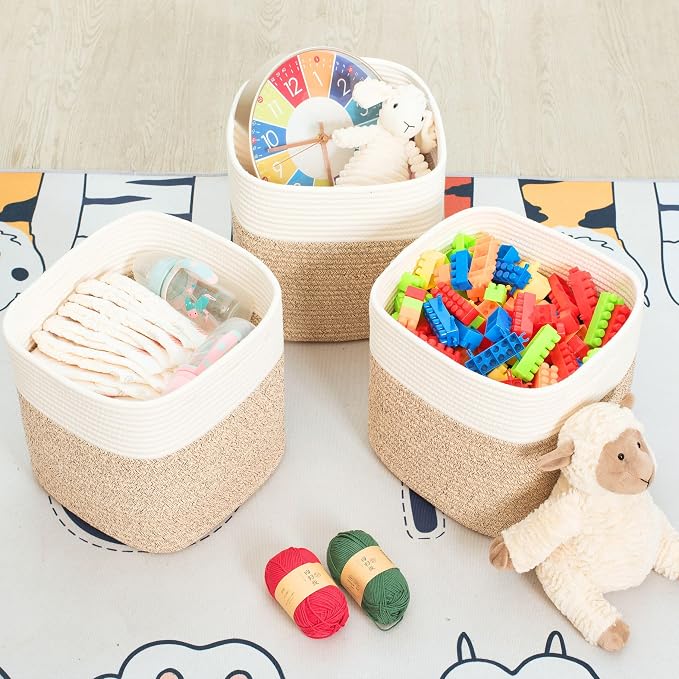 3-Pack 11x11in Woven Cube Storage Bin and Shelf Baskets, Cute Decorative Square Organizer for Closet, Classroom, Bathroom, Dog and Cat Toys, and Books, Light Brown - Image 5