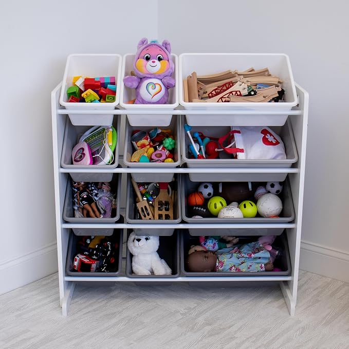 Humble Crew Kids Toy Organizer with 12 Bins, 4 Tier Storage for Playroom | Sturdy wood and steel toddler shelf, removable BPA-free containers, wall anchor anti-tip safety kit for bedroom or classroom - Image 2