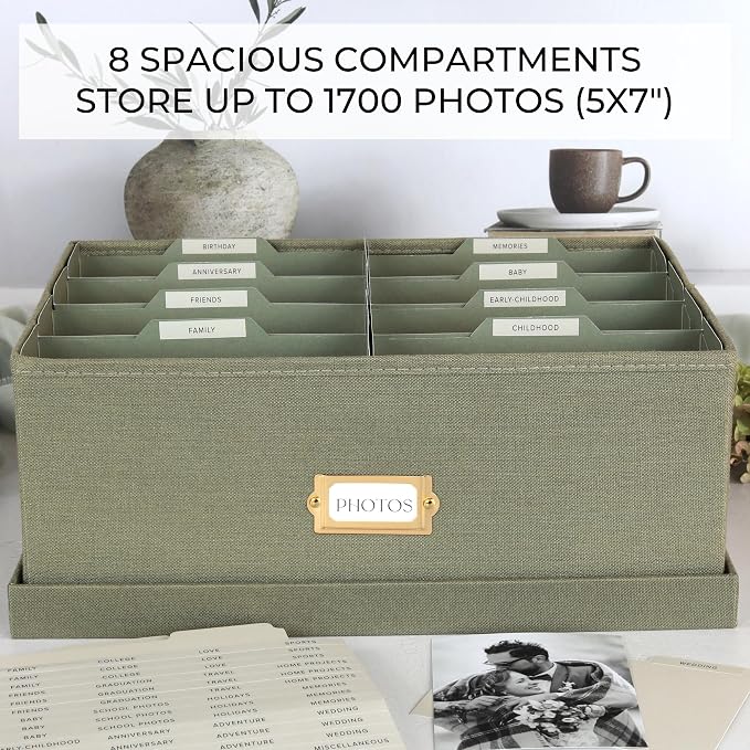 Decorative Photo Storage Box - Sturdy Linen Organizer Holds 1700 Photos | Organizer with Dividers Stores Up to 1700 5x7 Pictures - Portable Scrapbook Storage Containers with Lid - Image 5