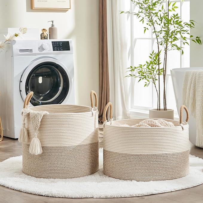 KAKAMAY Large Blanket Basket with Handles, Storage Basket for Living Room | Extra Large Capacity | Natural Cotton Rope | Blanket Storage | Woven Storage Basket | Stuffed Animal Storage | Laundry Basket - Image 6