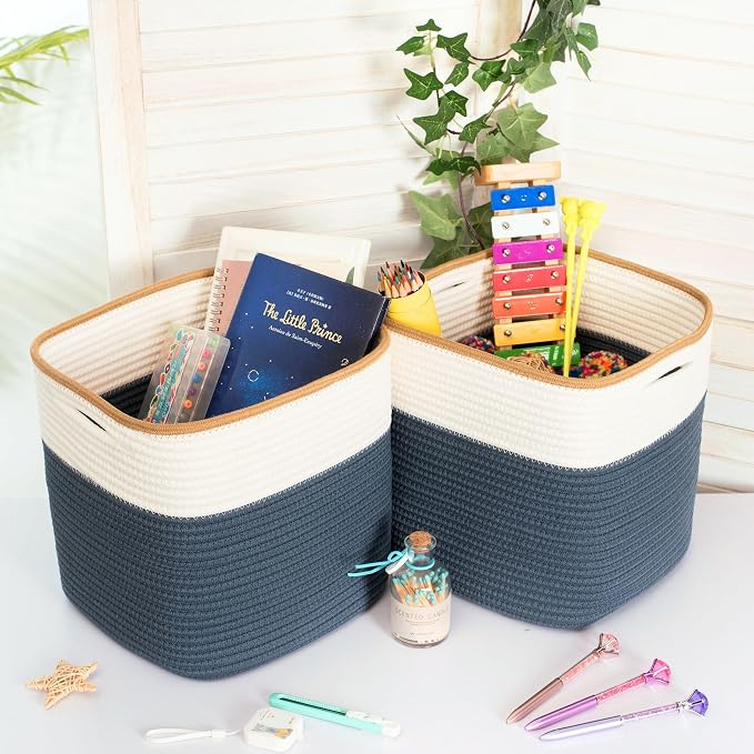 3-Pack 11x11 Inch Cube Storage Bin, Woven Storage Cube Organizer, Closet Organizer, Cute Square Storage Bins, Decorative Classroom Bathroom Pantry and Shelf Baskets, Prussian Blue - Image 4