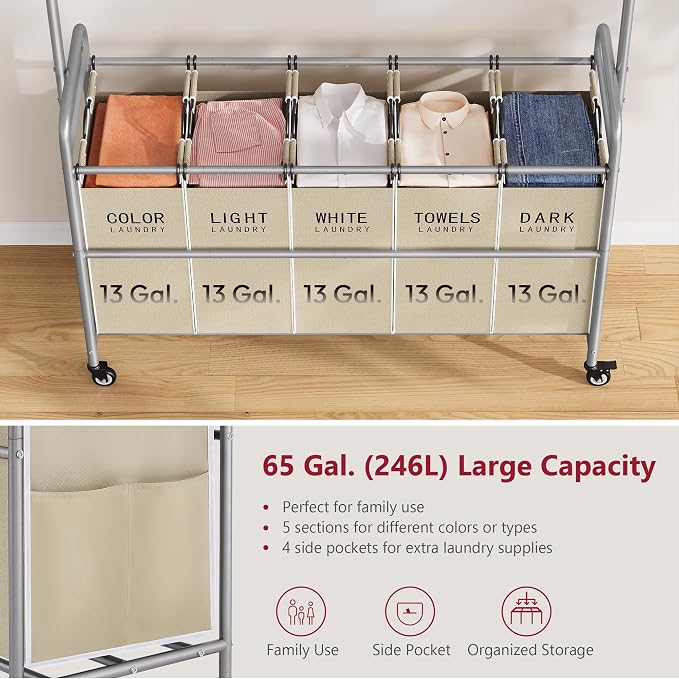 Laundry Cart with Hanging Rack, 65 Gal. Large Laundry Hamper, Beige | Rolling Laundry Cart with Hanging Bar with Removable Bag and Lockable Wheels, Separator Hamper Cart for Bedroom, Bathroom - Image 4