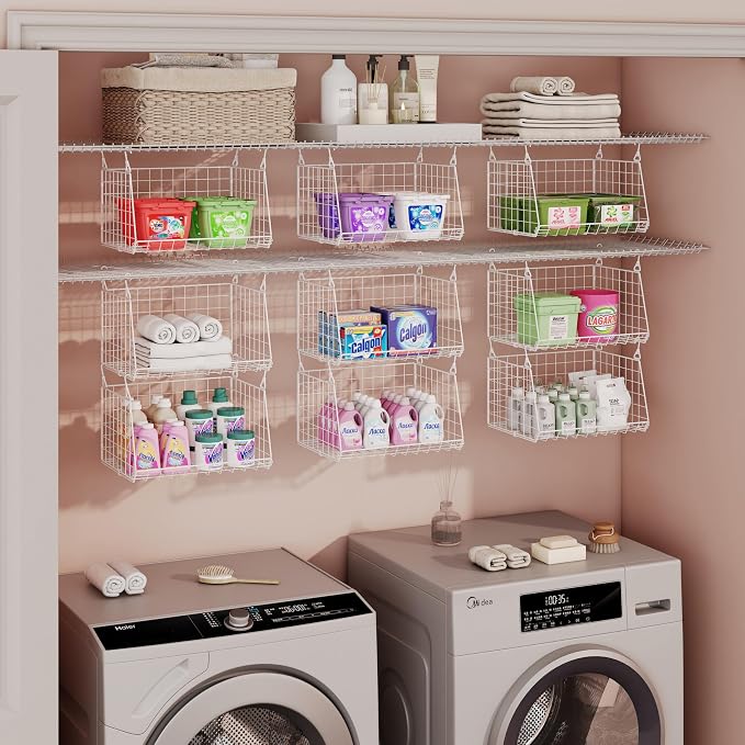 3-Tier Hanging Laundry Basket Organizer：Foldable Wire Shelf Laundry Room Organizer with 360°Rotating Hooks Small Space Solutions Closet Hanging Organizer - Laundry Organization, White Patent - Image 3