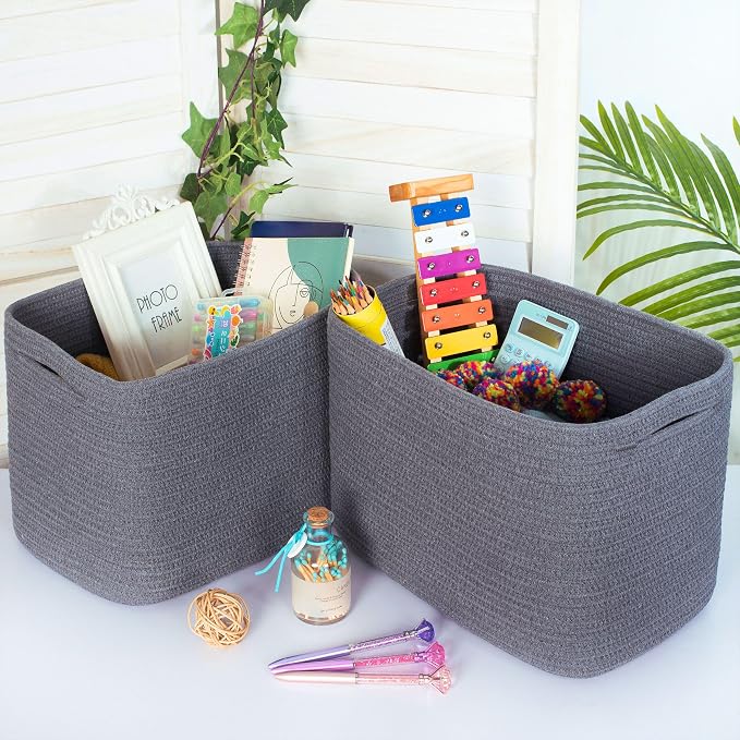 3-Pack Decorative Woven Storage Baskets for Shelves, Cube Bin Box for Organizing Books, Shoes, Dog Toys, Pantry Closet and Living Room Organizer, Charcoal Gray - Image 3