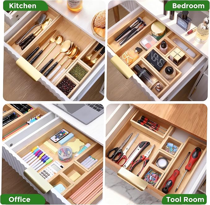 MapleGrace Bamboo Drawer Organizer Set, 14 PCS Wood Storage Organizers | Multi-Use Junk Drawer Divider, Storage Trays Containers for Kitchen, Bathroom, Office Desk, Makeup, Jewelry, Utensils - Image 4