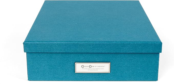 Bigso Oskar Fiberboard Label Frame Document Letter Box - File Organizer Box for Important Paperwork - Document Storage with a Lid & Metal Label Window - 3.3 in x 10.2 in x 13.8 in - Turquoise by Bigso