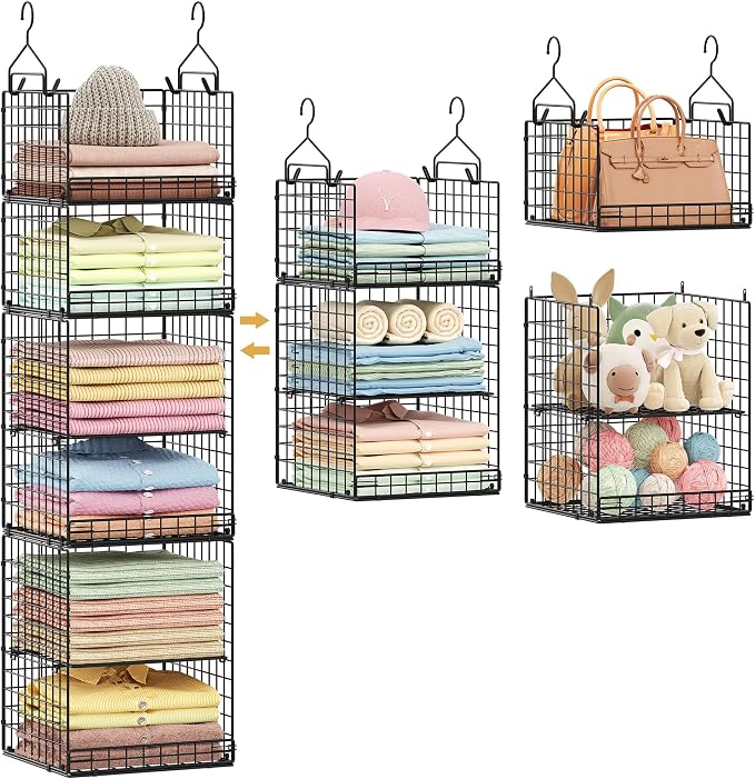 6 Tier Hanging Closet Organizers and Storage Stackable Hanging Closet Shelves with 4 Hooks 2 Adjustable Dividers, Wire Storage Basket Bins for Clothing Purse Sweaters Shoes Socks Dolls, Foldable by Yuyetuyo