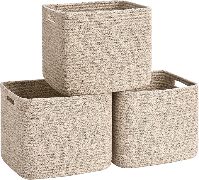 3 Pack Cube Storage Bin, 12”x12”x10” Cotton Rope Woven Baskets for Organizing Toys Clothes Towels, Square Gift Storage Baskets for Shelves, Nursery, Closet, Bathroom, Pantry (Jute) by Degeyoyo