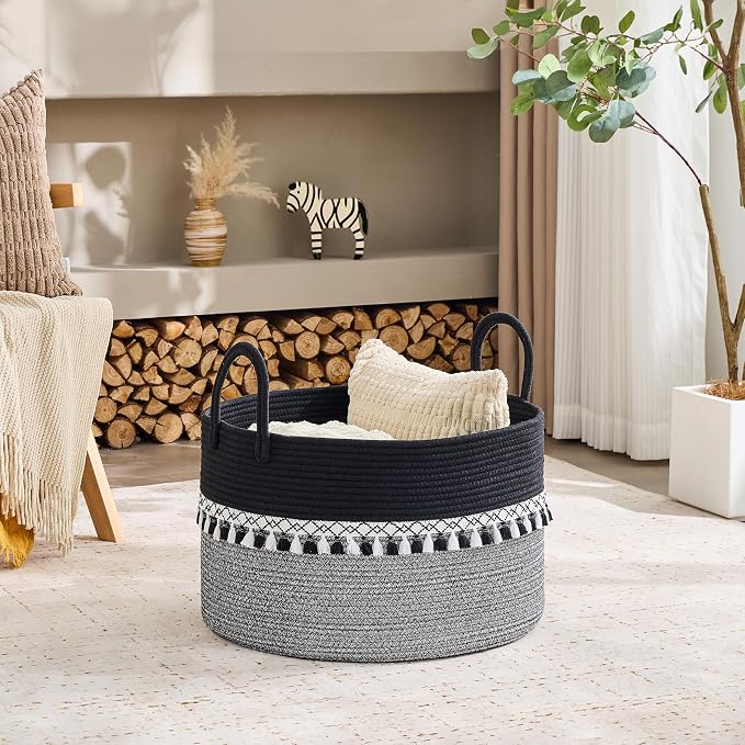 KAKAMAY Large Blanket Basket with Handles, Storage Basket for Living Room | Extra Large Capacity | Natural Cotton Rope | Blanket Storage | Woven Storage Basket | Stuffed Animal Storage | Laundry Basket - Image 2