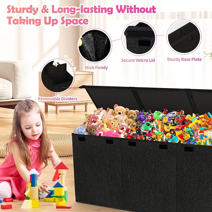 Extra Large Toy Box, Collapsible Toy Storage Organizer, 40"x16"x16", Black | Sturdy Kids Toys Bin Chest with 2 Mesh Pockets and Dividers for Boys Girls, Bedroom & Living room Toy Organization - Image 4