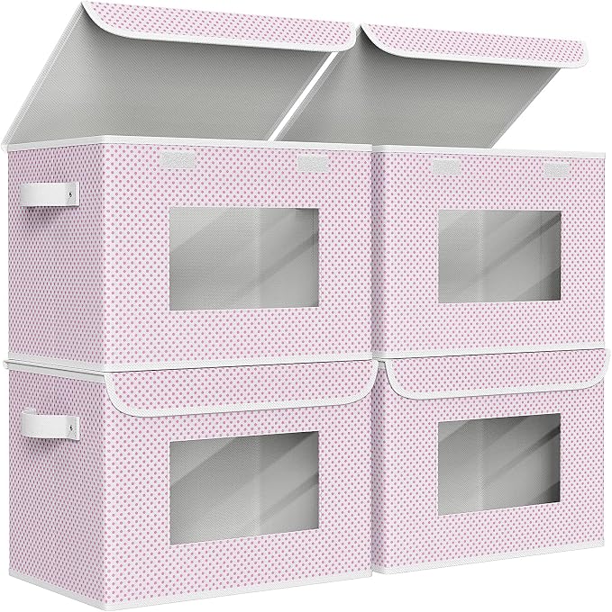 Univivi Fabric Foldable Storage Boxes with Lids, 4 Pack, Pink | 17 x 12 x 12 In Large Stackable Storage Bins with Lids, Closet Organizers and Storage Cube Basket for Home, Office, Bedroom by Univivi